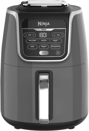 Ninja Air Fryer MAX, 5.2L, 6-in-1, Uses No Oil, Air Fry, Max Crisp, Roast, Bake, Reheat, Dehydrate, Family Size, Digital, Cook From Frozen, Non-Stick, Dishwasher Safe Basket, Grey & Black, AF160UK