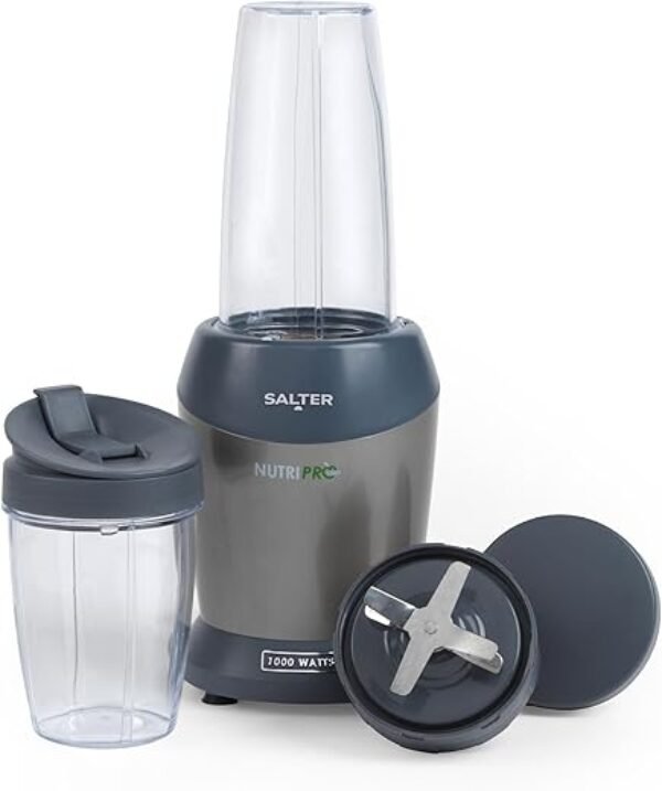 Salter EK2002V4SILVER NutriPro 1000 Blender – Portable Smoothie Maker, Healthy Juicer, Nutrient Extractor, 2 Travel Blending Cups (800ml/1L), Ideal for Soups/Baby Food, Stainless Steel Blade, 1000W