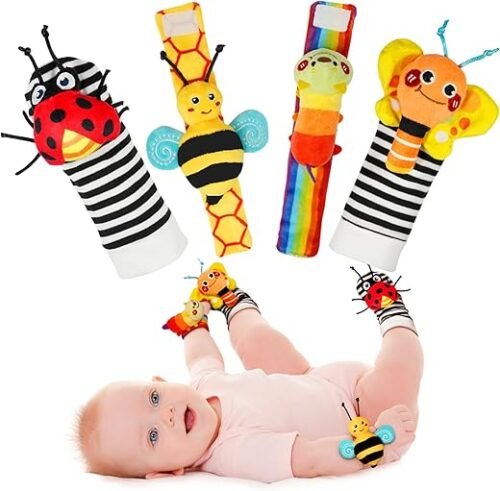 Infinno Baby Wrist Rattle Socks 4 Set, Infant Soft Sensory Toys, Early Development Socks for 3 6 9 Months Newborn Boys and Girls, Baby Shower Gifts