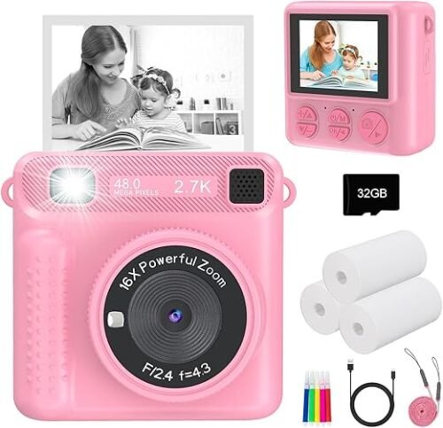 Instant Print Kids Camera – 1080P Selfie Digital Camera, Portable Travel Toy for Boys & Girls Age 3-12, Christmas Birthday Gifts (Pink)