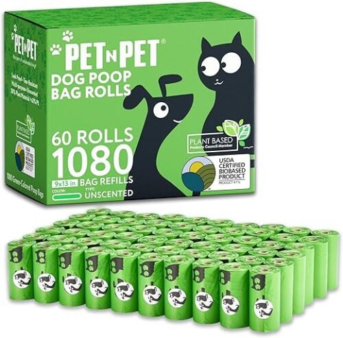 PET N PET 1080 Count Dog Poop Bags USDA Certified 41 percent Biobased 60 Rolls of Strong & Thick Dog Waste Poo Bags 9×13 Green Unscented Poop Holder