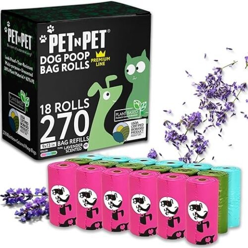 PET N PET 270 Count Dog Poop Bags USDA Certified 38percent Biobased 18 Rolls of Strong & Durable Extra-Thick Dog Waste Poo Bags 9×13 Inches Scented Poop Holder