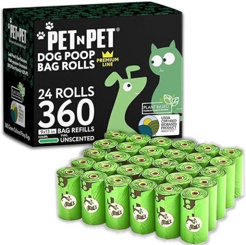 PET N PET 360 Counts Dog Poop Bags USDA Certified 38percent Biobased 24 Rolls of Strong 17 Microns Thick Dog Waste Poo Bags 9×13 Inches Green Unscented Poop Holder