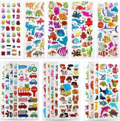 SAVITA 3D Stickers for Kids & Toddlers 500+ Puffy Stickers Variety Pack for Scrapbooking Bullet Journal Including Animal, Numbers, Fruits, Fish, Dinosaurs, Cars and More…